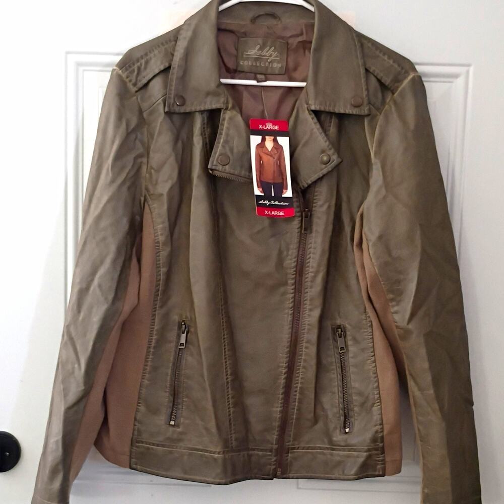 Sebby Collection Women's Taupe Faux Leather Full Zip Jacket Size XL green olive